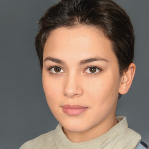 Neutral white young-adult female with short  brown hair and brown eyes