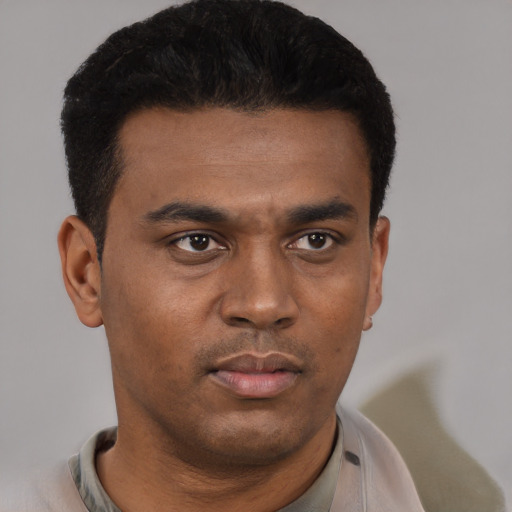 Neutral black young-adult male with short  black hair and brown eyes