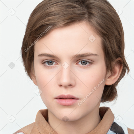 Neutral white young-adult female with medium  brown hair and grey eyes