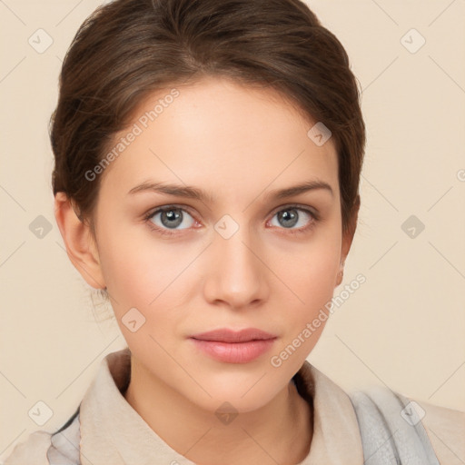 Neutral white young-adult female with short  brown hair and brown eyes