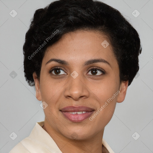 Joyful latino young-adult female with short  brown hair and brown eyes