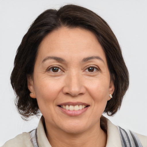 Joyful white adult female with medium  brown hair and brown eyes