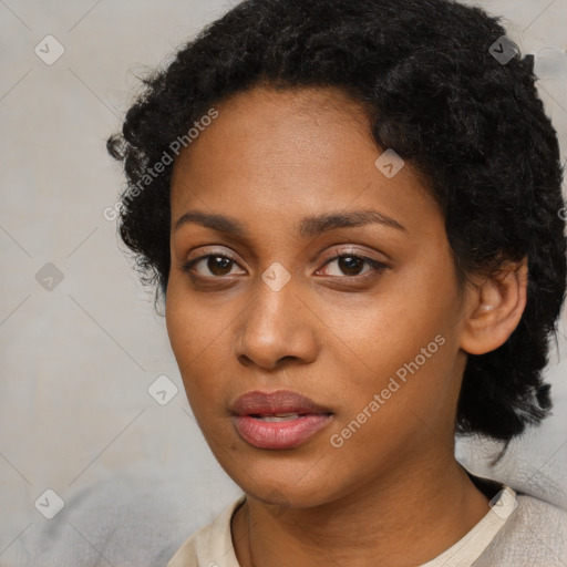 Neutral black young-adult female with short  black hair and brown eyes