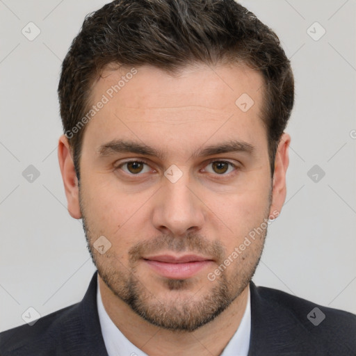 Neutral white young-adult male with short  brown hair and brown eyes