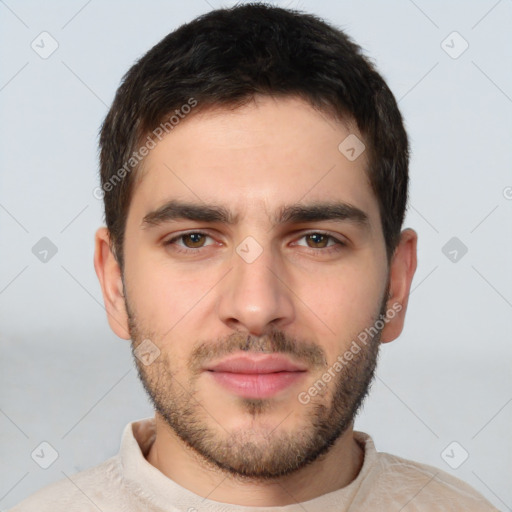 Neutral white young-adult male with short  brown hair and brown eyes