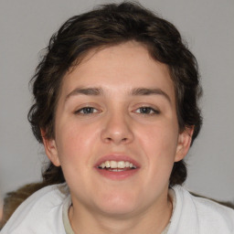 Joyful white young-adult male with medium  brown hair and brown eyes