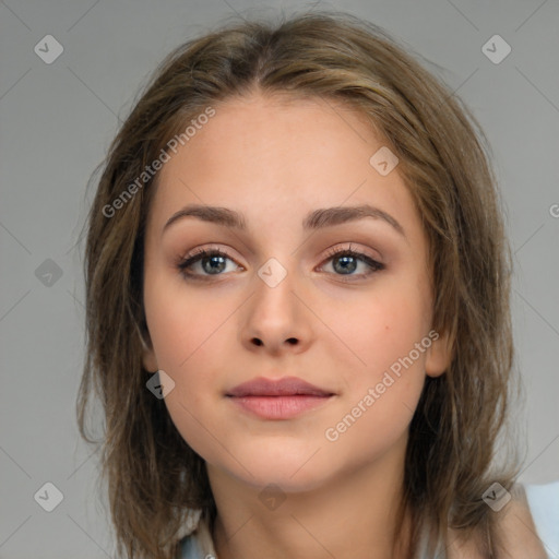 Neutral white young-adult female with medium  brown hair and brown eyes