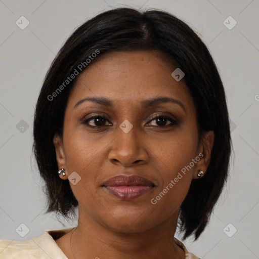 Joyful black young-adult female with medium  brown hair and brown eyes