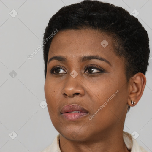 Neutral black young-adult female with short  black hair and brown eyes