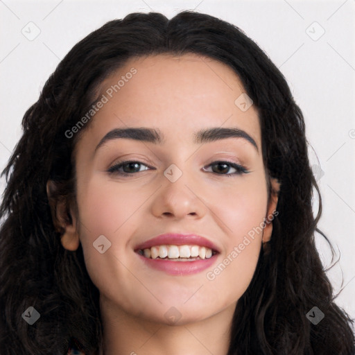 Joyful white young-adult female with long  black hair and brown eyes