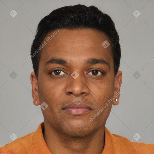 Neutral black young-adult male with short  black hair and brown eyes