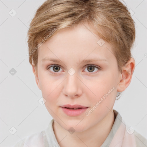 Joyful white child female with short  brown hair and brown eyes