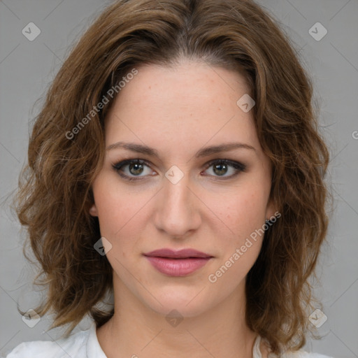 Joyful white young-adult female with medium  brown hair and green eyes