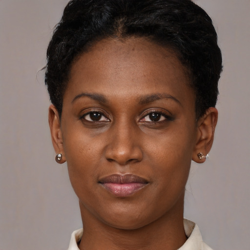 Neutral black young-adult female with short  brown hair and brown eyes