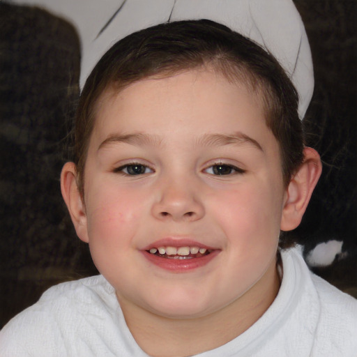 Joyful white child female with short  brown hair and brown eyes