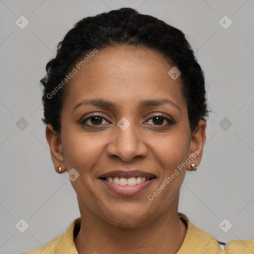 Joyful latino young-adult female with short  brown hair and brown eyes