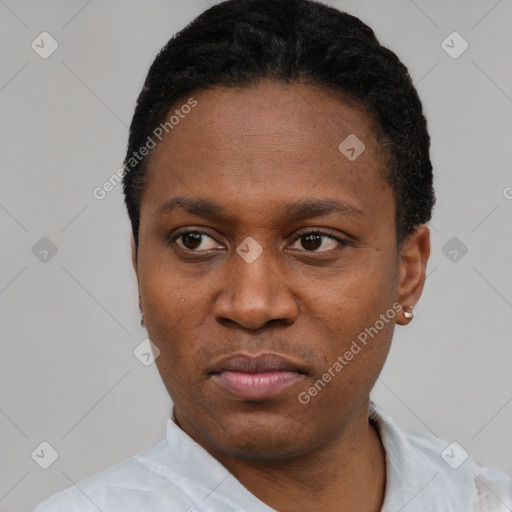 Neutral latino young-adult female with short  black hair and brown eyes