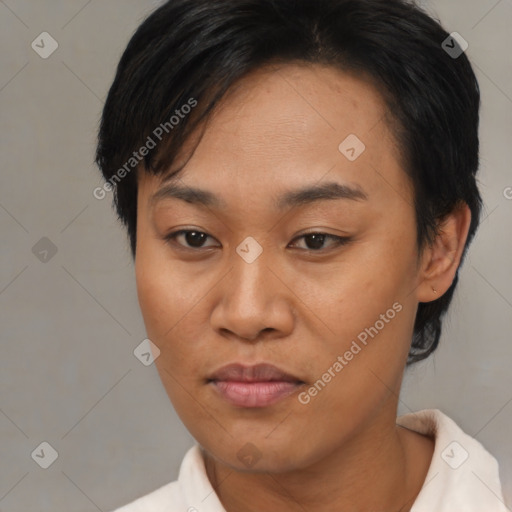 Joyful asian young-adult female with medium  black hair and brown eyes