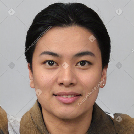 Joyful asian young-adult female with short  black hair and brown eyes