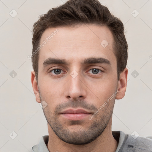 Neutral white young-adult male with short  brown hair and grey eyes