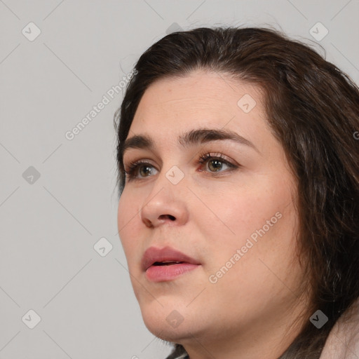 Neutral white young-adult female with medium  brown hair and brown eyes