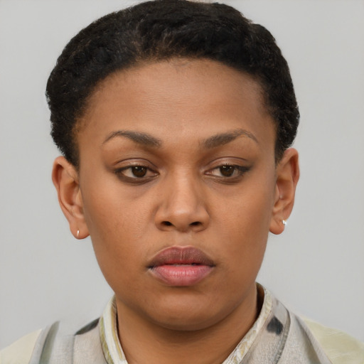 Neutral latino young-adult female with short  brown hair and brown eyes