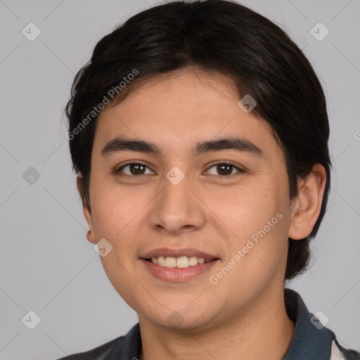 Joyful white young-adult male with medium  brown hair and brown eyes