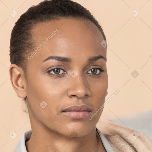 Neutral white young-adult female with short  brown hair and brown eyes