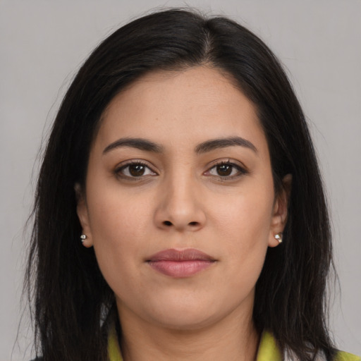 Neutral latino young-adult female with long  brown hair and brown eyes