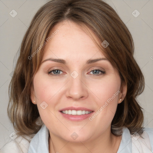 Joyful white young-adult female with medium  brown hair and blue eyes