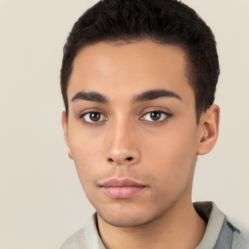 Neutral latino young-adult male with short  brown hair and brown eyes