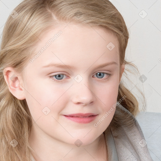 Joyful white child female with long  brown hair and blue eyes