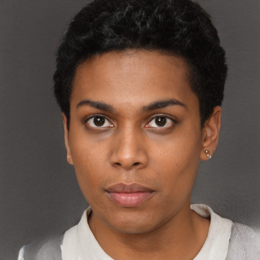 Neutral black young-adult female with short  black hair and brown eyes