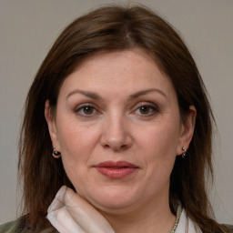 Joyful white adult female with medium  brown hair and grey eyes