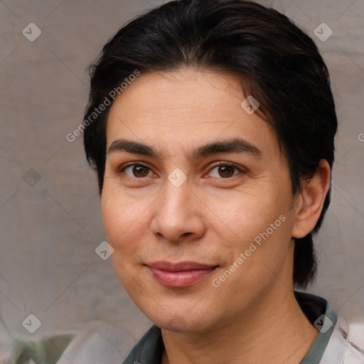 Joyful white adult female with short  brown hair and brown eyes