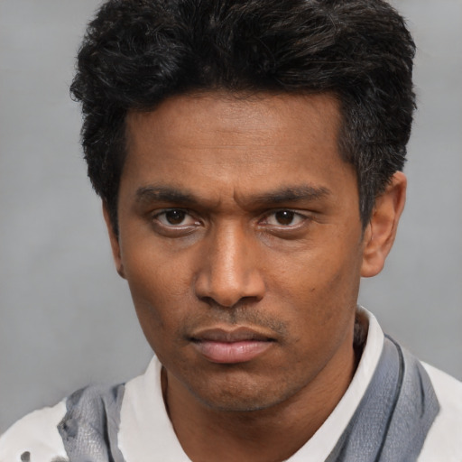 Neutral latino adult male with short  black hair and brown eyes