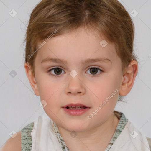 Neutral white child female with short  brown hair and brown eyes
