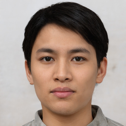 Neutral asian young-adult male with short  black hair and brown eyes