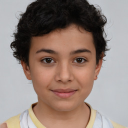 Joyful white child female with short  brown hair and brown eyes