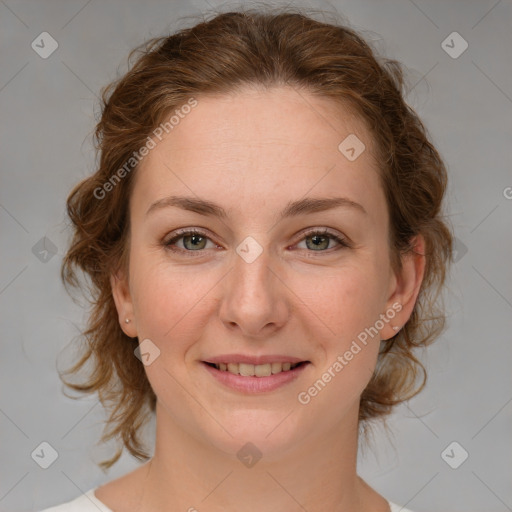 Joyful white young-adult female with medium  brown hair and blue eyes