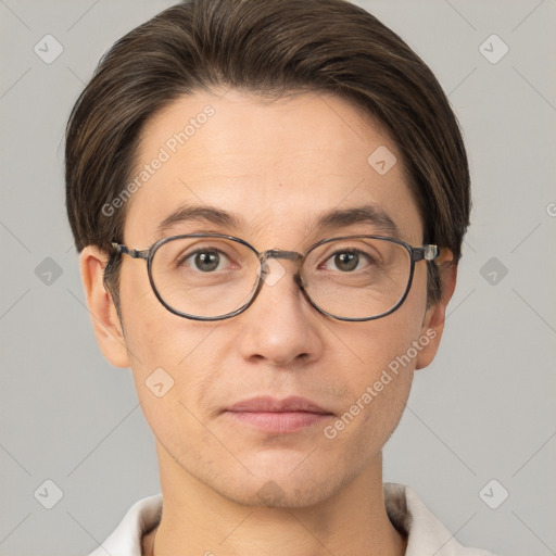 Neutral white adult male with short  brown hair and brown eyes