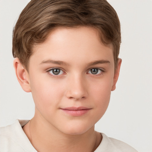 Joyful white child female with short  brown hair and brown eyes