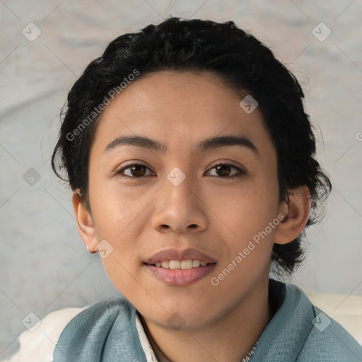 Joyful latino young-adult female with short  black hair and brown eyes