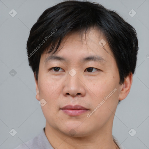 Joyful asian adult male with short  brown hair and brown eyes