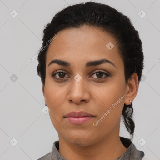 Neutral latino young-adult female with short  black hair and brown eyes