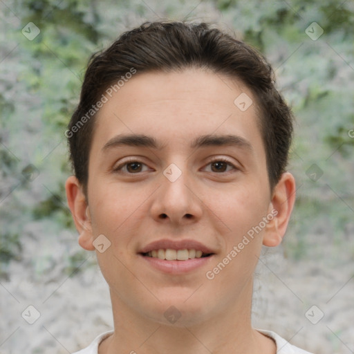 Joyful white young-adult male with short  brown hair and brown eyes