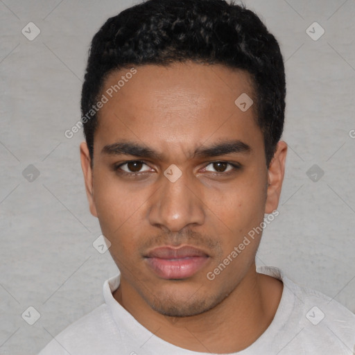 Neutral latino young-adult male with short  black hair and brown eyes