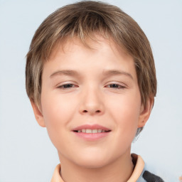 Joyful white child female with short  brown hair and brown eyes