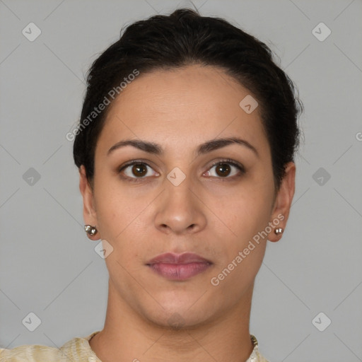 Neutral white young-adult female with short  brown hair and brown eyes