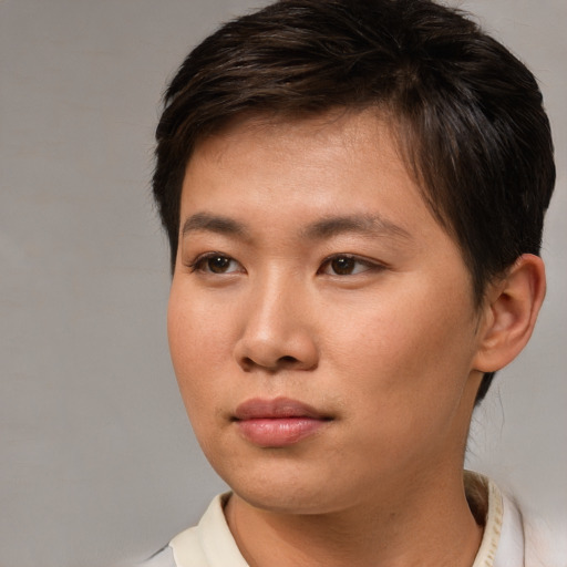 Neutral asian young-adult male with short  brown hair and brown eyes